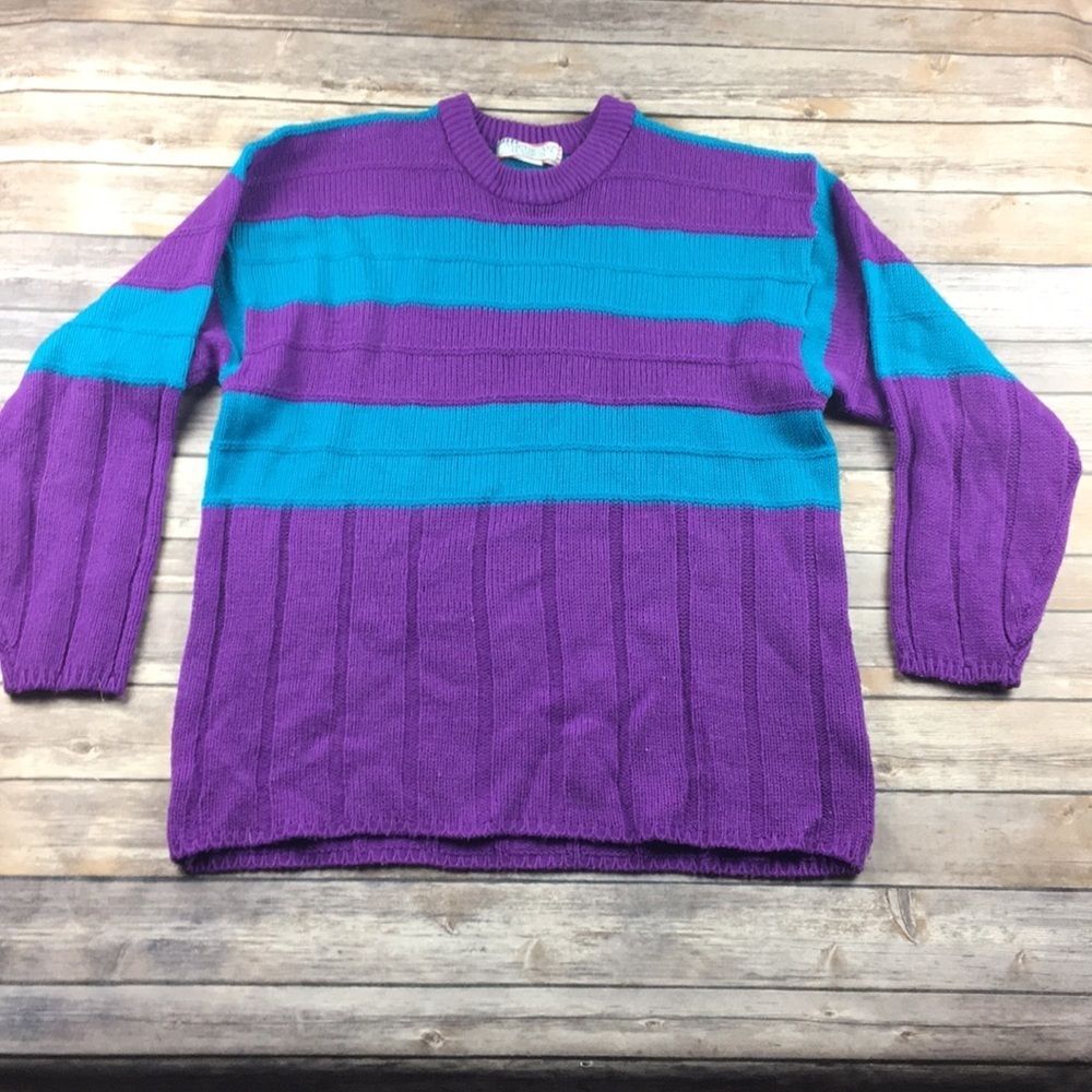 VINTAGE BLUE & PURPLE STRIPE KNIT PULLOVER PREPPY SWEATER COLOR BLOCK